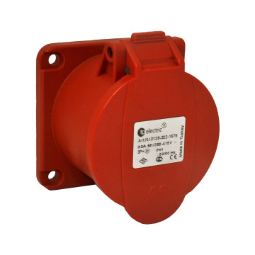 Paneluttag, Infällt, Rakt, 32A, 3P+J, 400V, 6h, IP44 (75x75)